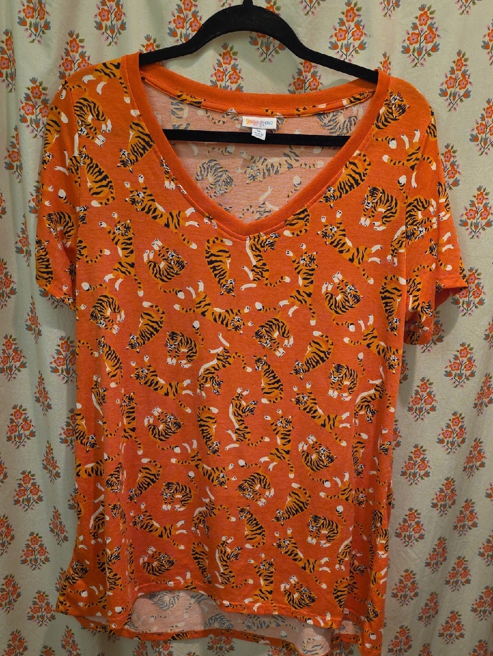 LuLaRoe Orange Tiger-Print V-Neck Short Sleeve Top
